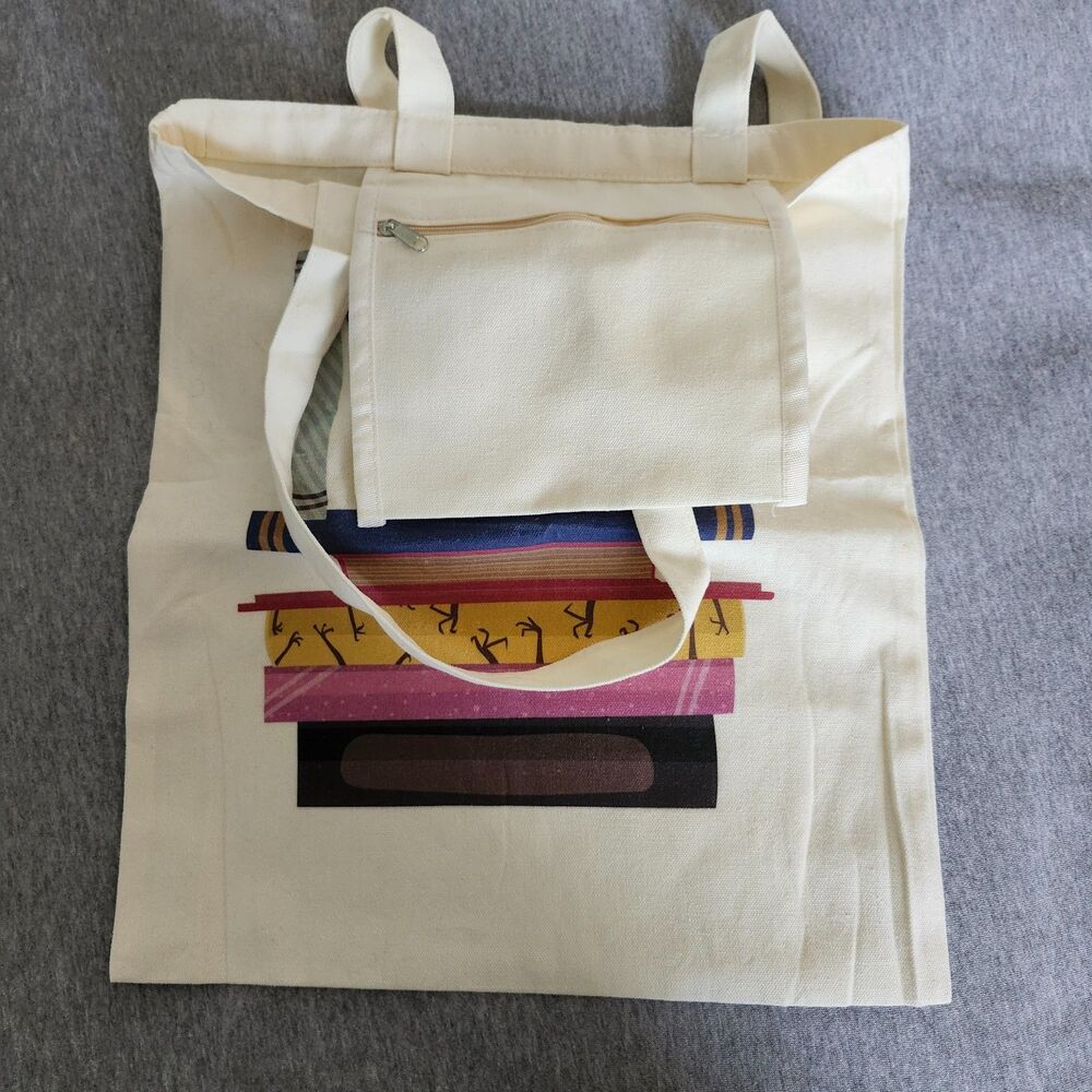 Canvas Tote Bag Book and Coffee Print with Zipper Pocket - Picture 6 of 9